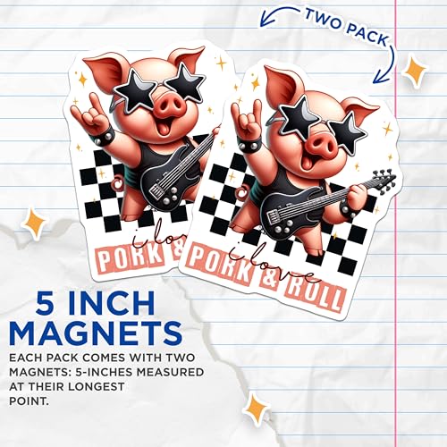 (2 Pack) Rock and Roll Pig Magnets - Cute Pig Fridge Decor - 5" On Longest Side - for Cars, Fridges, Toolboxes - Made in USA - MAG7931