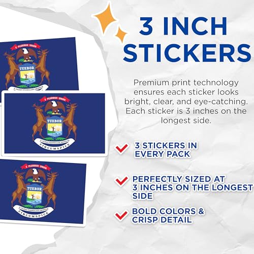 (3 Pack) Michigan State Flag Decals - US State Pride - Laptop Decals - 3 Inches On Longest Side - Easy Peel & Apply - Made in USA - 3MCS0194
