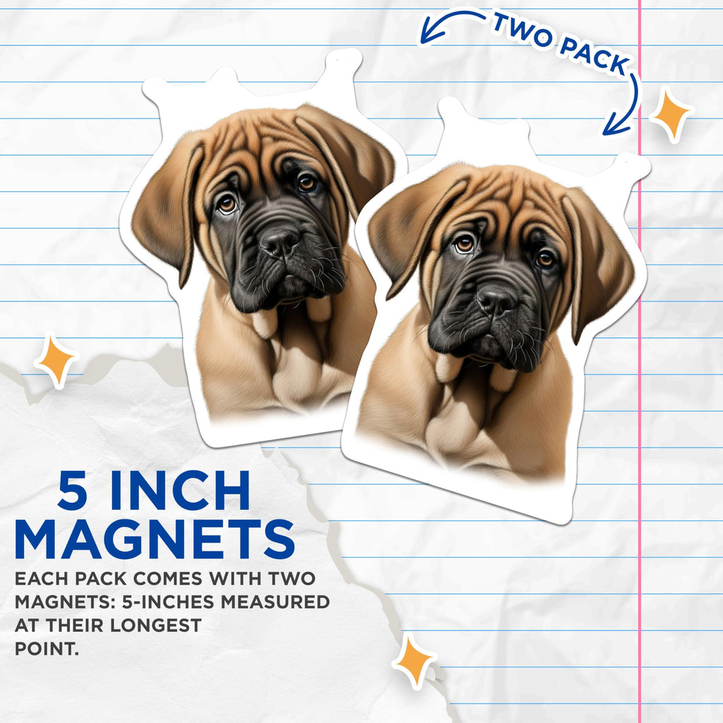 (2 Pack) Mastiff Puppy Magnets - Cute Dog Owner Decor - Animal Lover Refrigerator Accessory - 5 Inches On Longest Side - Thick Durable Magnet - Made in USA - MAG29098