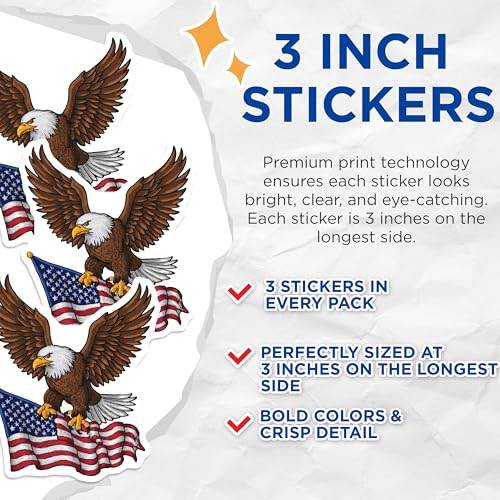 (3 Pack) Eagle Flag Decals - American Decals - Patriotic Stickers- 3 Inches On Longest Side - Easy Peel & Apply - Made in USA - 3MCS5627