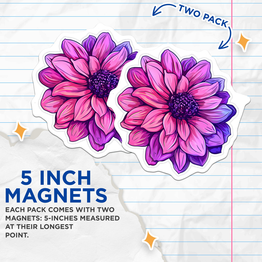 (2 Pack) Pink Purple Dahlia Magnets - Vibrant Floral Fridge Decor - Botanical Flower Art - Aesthetic Locker Accessory - 5 Inches On Longest Side - Thick Durable Magnet - Made in USA - MAG38319
