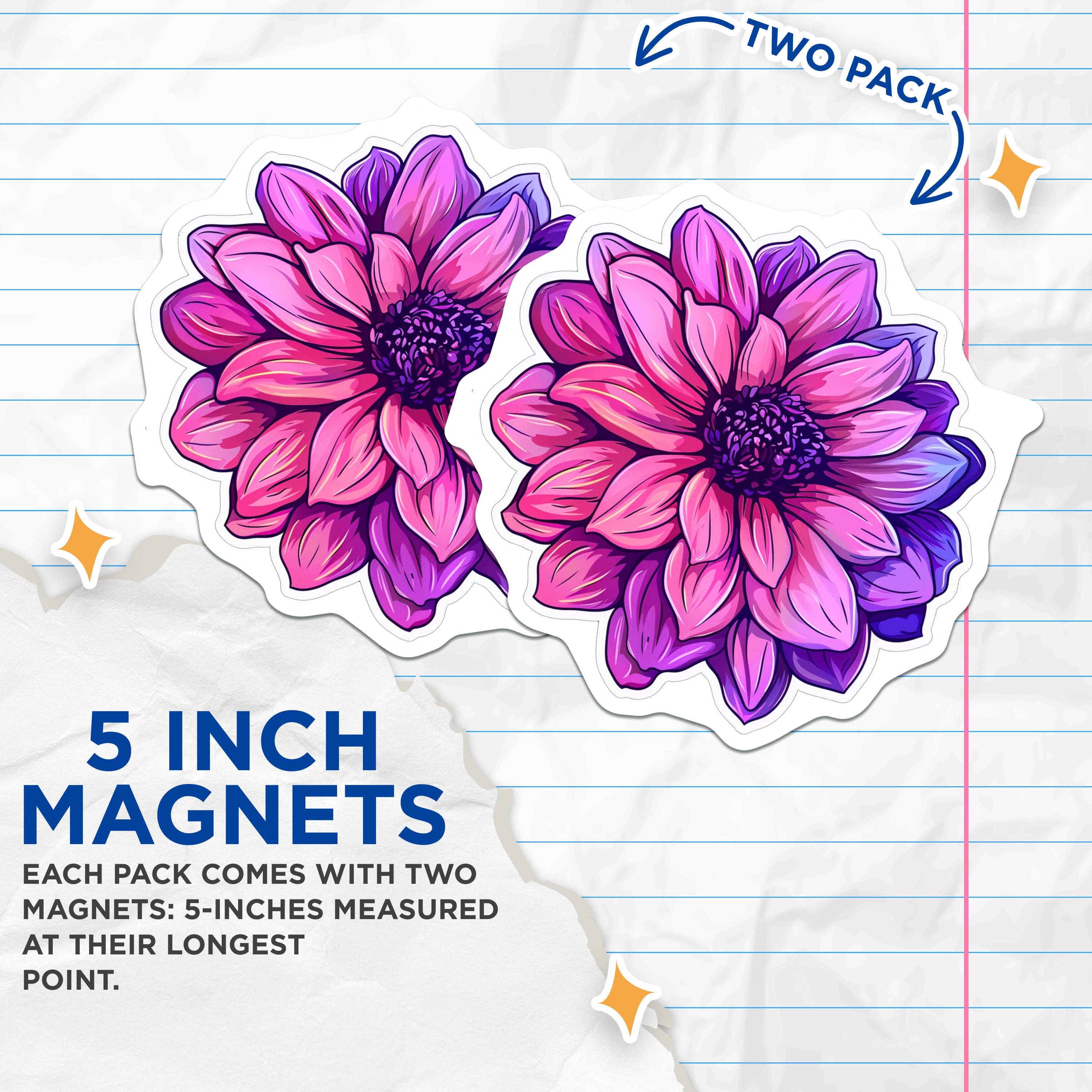 (2 Pack) Pink Purple Dahlia Magnets - Vibrant Floral Fridge Decor - Botanical Flower Art - Aesthetic Locker Accessory - 5 Inches On Longest Side - Thick Durable Magnet - Made in USA - MAG38319