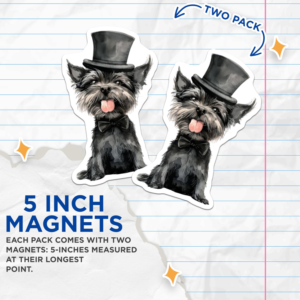 (2 Pack) Dapper Dog Magnets - Whimsical Top Hat Dog Art - Funny Pet Lover Decor - Schnauzer Terrier Refrigerator Accent - 5 Inches On Longest Side - Thick Durable Magnet - Made in USA - MAG28514