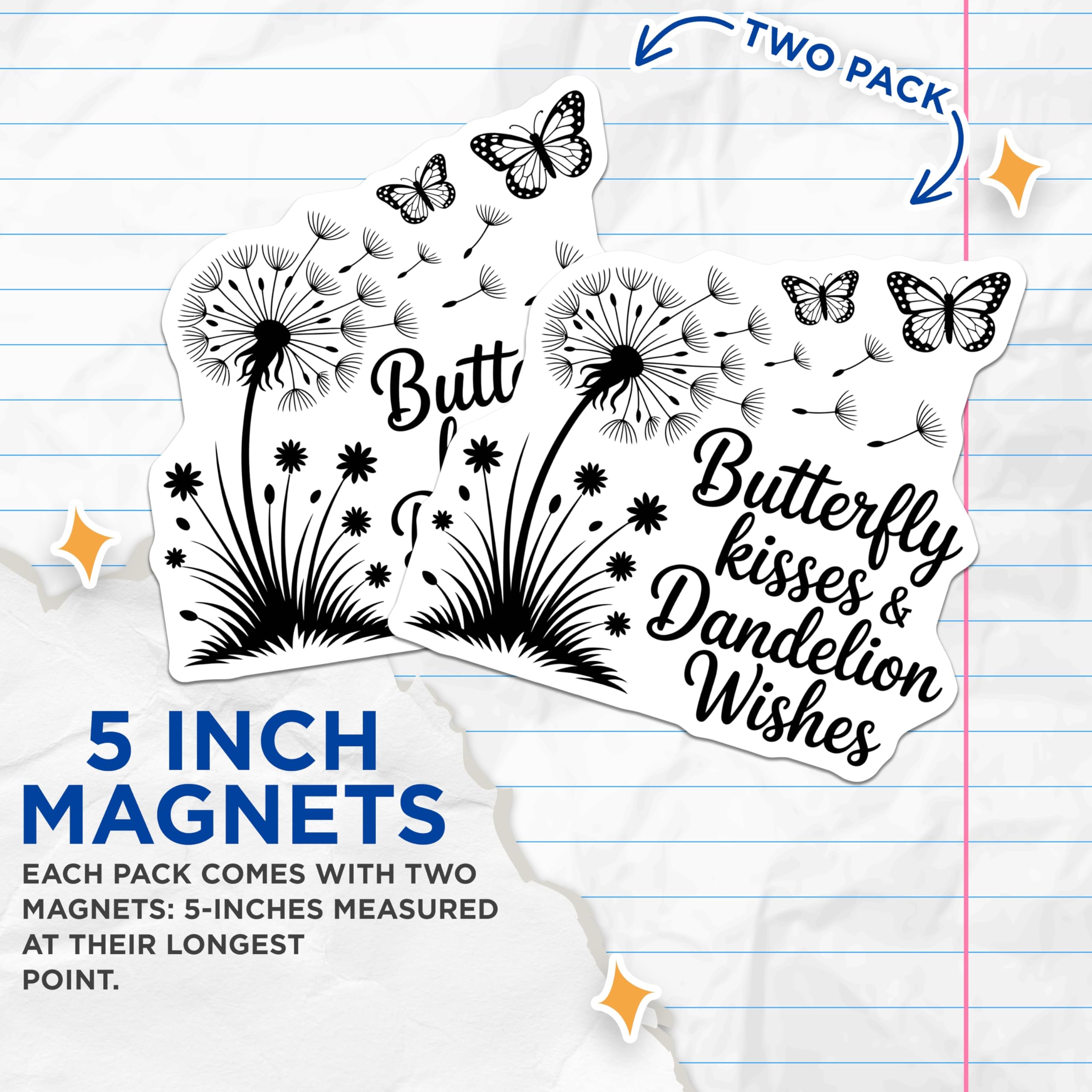 (2 Pack) Butterfly Kisses Magnets - Dandelion Wishes Quote - Whimsical Nature Home Decor Magnets - 5 Inches On Longest Side - Thick Durable Magnet - Made in USA - MAG22937