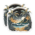 (2 Pack) Tropical Palm Trees Stickers - Mountain Beach Art - Sunset Ocean Scene - 5" On Longest Side - Sticks to Smooth Flat Surfaces - Made in USA - BMCS9257
