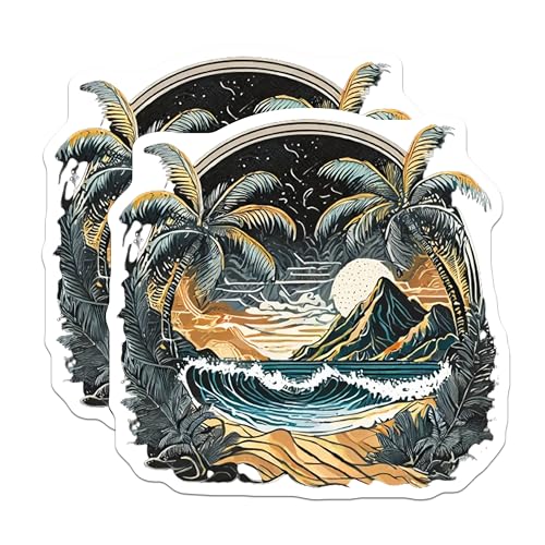 (2 Pack) Tropical Palm Trees Stickers - Mountain Beach Art - Sunset Ocean Scene - 5" On Longest Side - Sticks to Smooth Flat Surfaces - Made in USA - BMCS9257