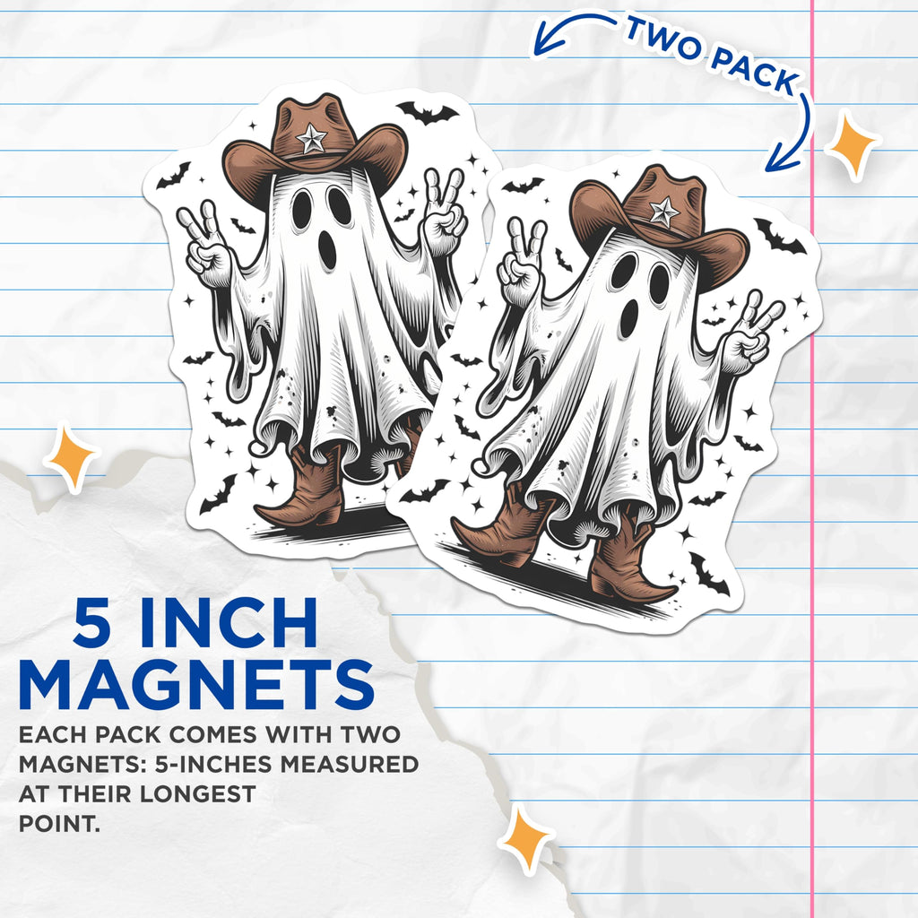 (2 Pack) Cowboy Ghost Magnets - Peace Sign Western Spirit Decor - Spooky Halloween Fridge Art - 5 Inches On Longest Side - Thick Durable Magnet - Made in USA - MAG21561
