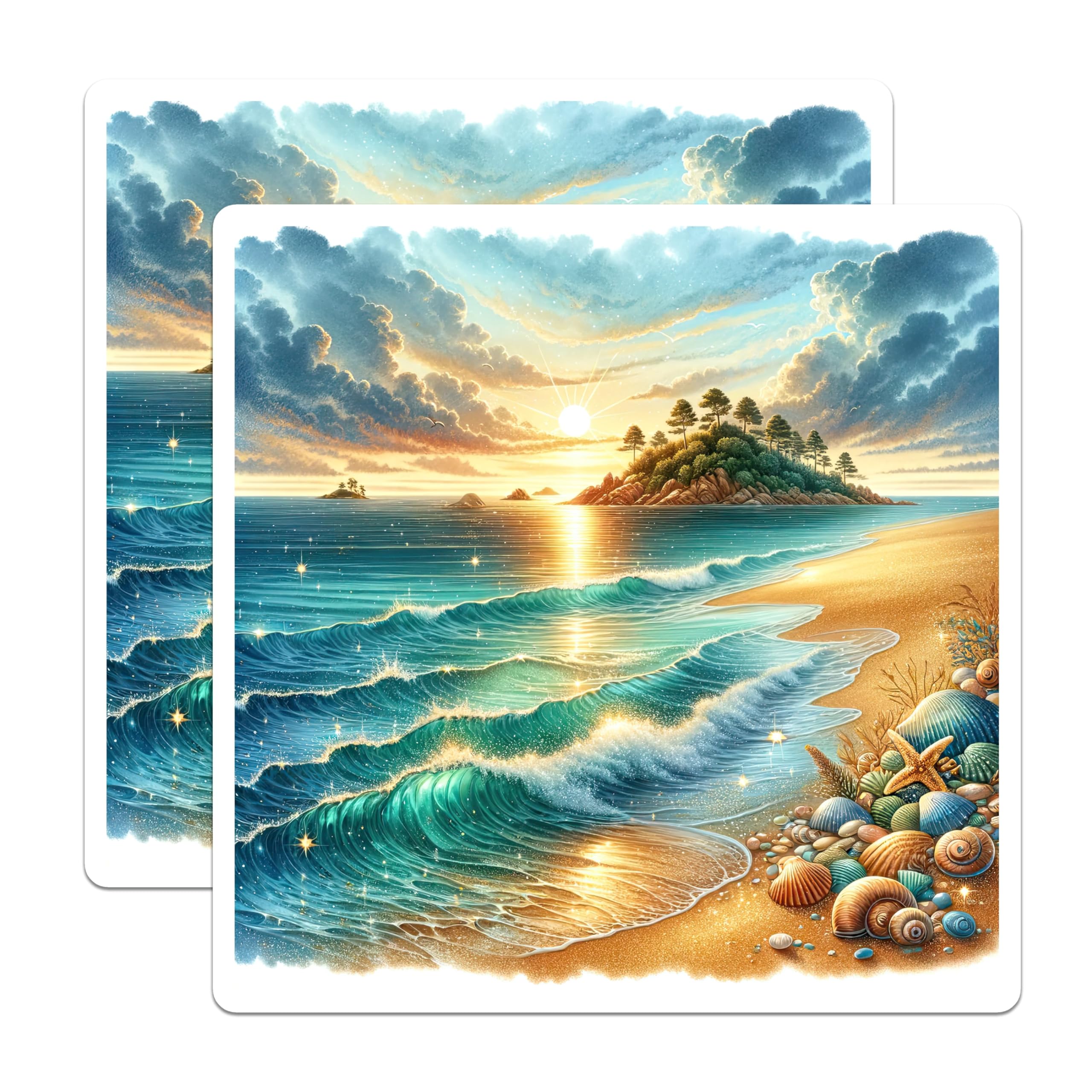 (2 Pack) Beach Sunset Magnets - Ocean Waves Coastal Decor - Tropical Island Home Accent - Seashell Starfish Art - 5 Inches On Longest Side - Thick Durable Magnet - Made in USA - MAG29859