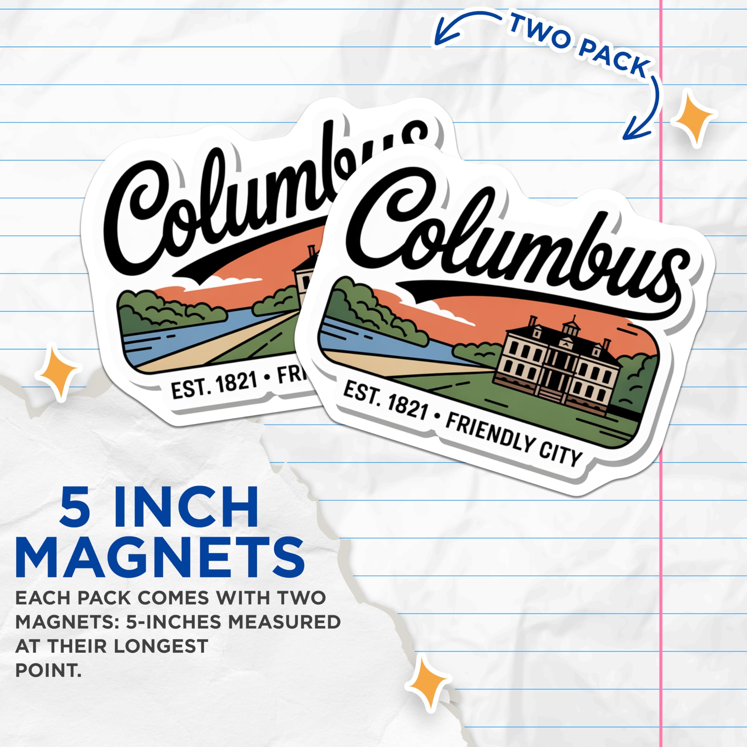 (2 Pack) Columbus Ohio Magnets - Landmark Decor - Friendly City Souvenir - 5" On Longest Side - Premium Magnet - for Cars, Refrigerators, Toolboxes, Lockers - Made in USA - MAG18900