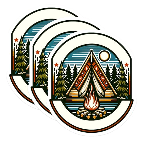 (3 Pack) Camping Scene Decals - Outdoor Adventure Stickers - Tent and Bonfire Art Decals- 3 Inches On Longest Side - Easy Peel & Apply - Made in USA - 3MCS5704