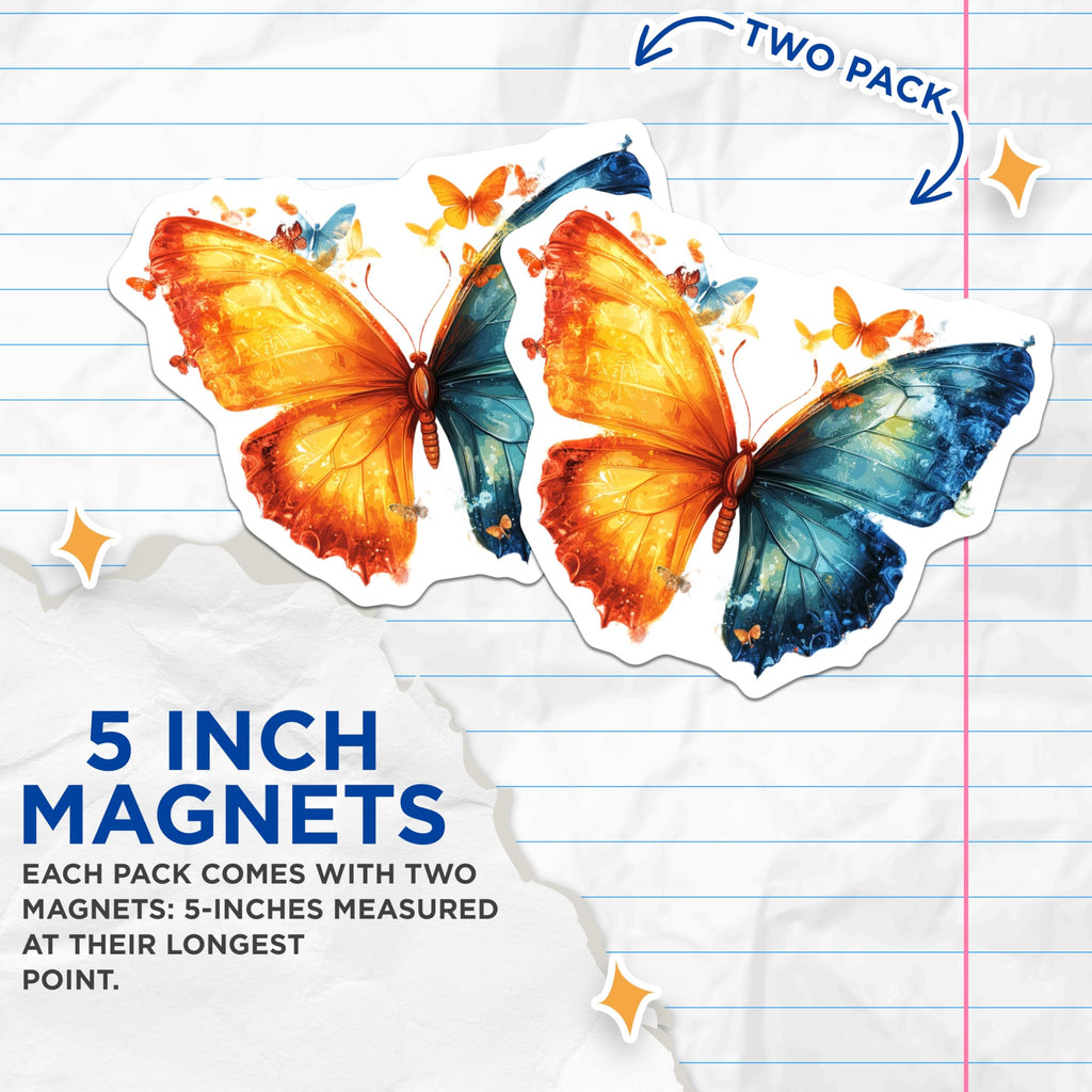 (2 Pack) Artistic Butterfly Magnets - Dual Tone Orange Blue Wings - Nature Inspired Fridge Locker Decor - 5 Inches On Longest Side - Thick Durable Magnet - Made in USA - MAG24906