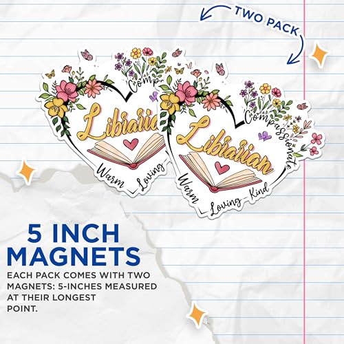 (2 Pack) Librarian Compasionate Magnets - Warm Loving Kind Magnets - Heart Shape Magnet Design with Flowers- 5" On Longest Side - for Fridges, Toolboxes, Cars - Made in USA - MAG2991