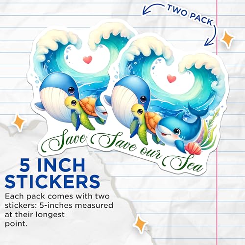 (2 Pack) Save Our Sea Stickers - Whale and Turtle - Cute Ocean Conservation - 5" On Longest Side - Sticks to Smooth Flat Surfaces - Made in USA - BMCS7967