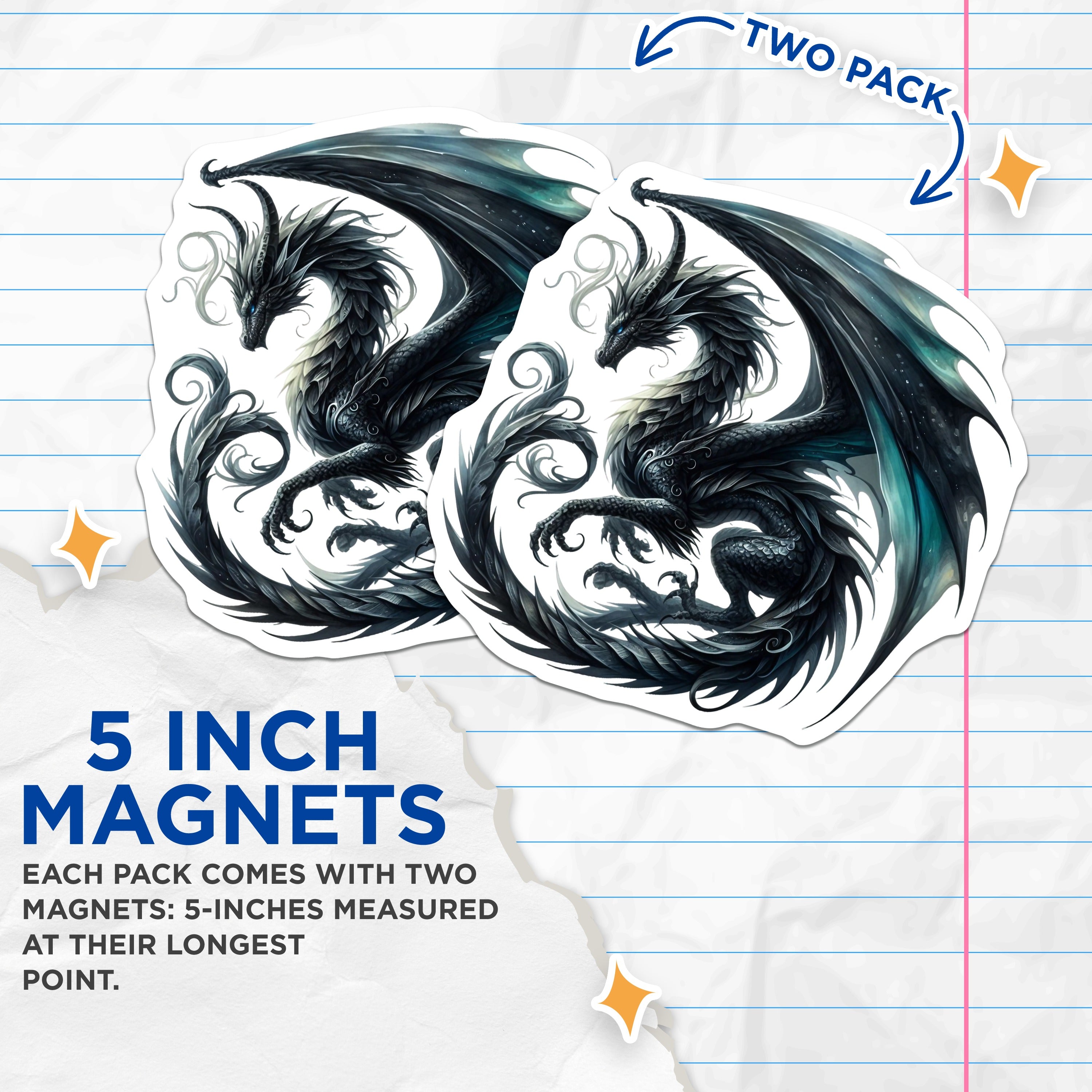 (2 Pack) Black Dragon Magnets - Fantasy Creature Refrigerator Decor - Mythical Beast Art - 5 Inches On Longest Side - Thick Durable Magnet - Made in USA - MAG37616
