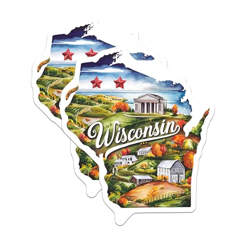 (2 Pack) Wisconsin Illustrated Map Stickers - Travel Stickers - State Landmark Stickers - 5" On Longest Side - Sticks to Smooth Flat Surfaces - Made in USA - BMCS6288