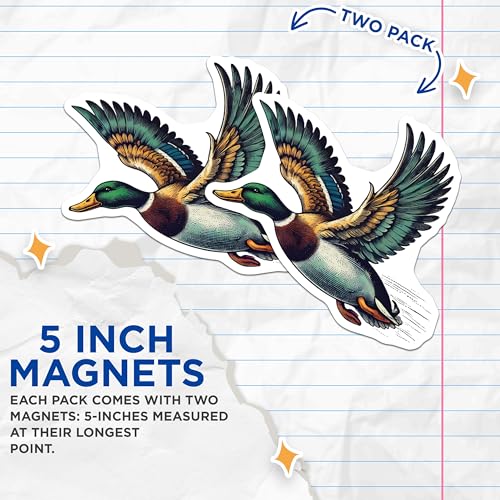 (2 Pack) Duck Wildlife Art Magnets Magnets - Flying Duck Illustration - Bird Nature Scene - 5" On Longest Side - Made in USA - Sticks to Refrigerators & Metal Surfaces - MAG8718