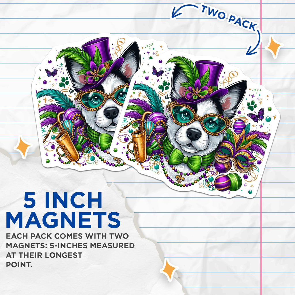 (2 Pack) Mardi Gras Dog Magnets - Festive Carnival Pups - Party Animal Decorations - 5" On Longest Side - Premium Magnet - for Cars, Refrigerators, Toolboxes, Lockers - Made in USA - MAG15457