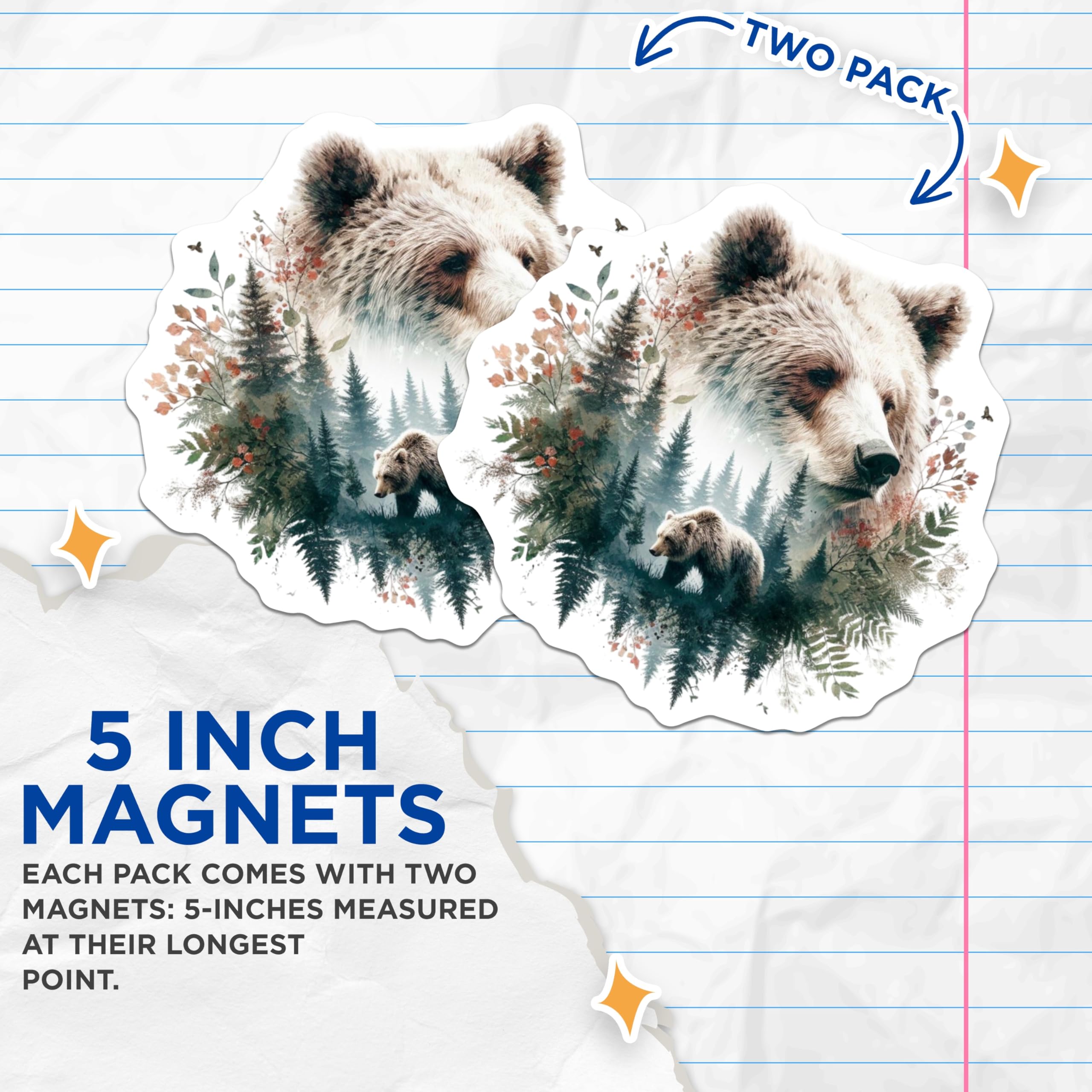 (2 Pack) Bear Animal Magnets - Forest Wildlife Decor - Fridge Locker Accessories - 5" On Longest Side - Premium Magnet - for Cars, Refrigerators, Toolboxes, Lockers - Made in USA - MAG15721