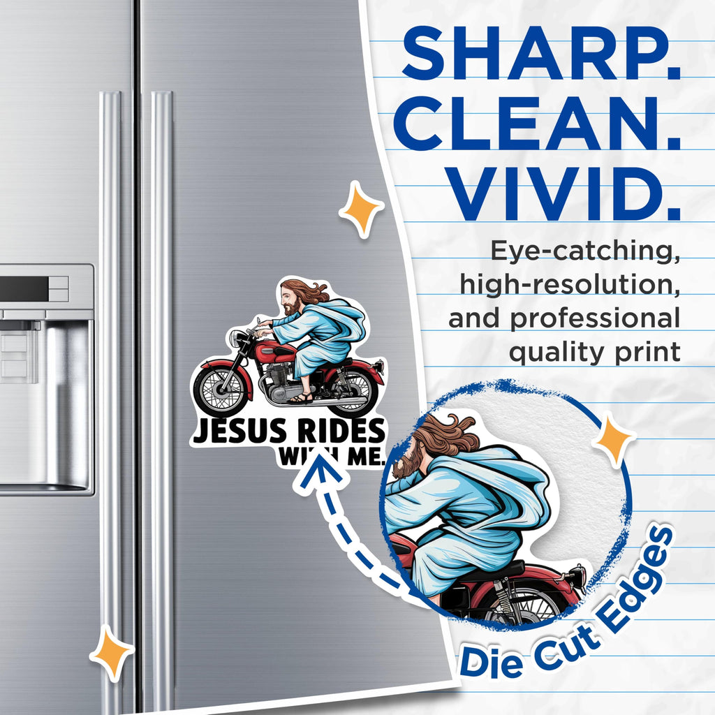 (2 Pack) Jesus Rides with Me Magnets - Jesus On Motorcycle Magnet -Christian Biker Jesus - 5 Inches On Longest Side - Premium Vinyl - for Cars, Refrigerators, Toolboxes - Made in USA - MAG2087