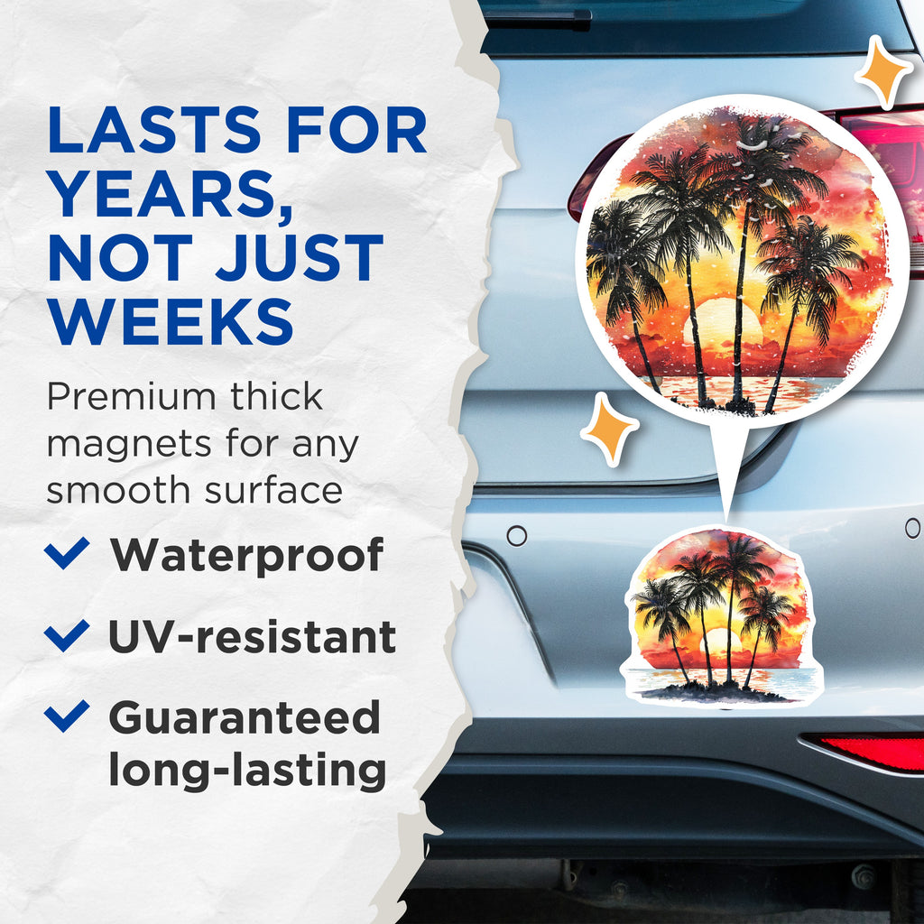 (2 Pack) Palm Tree Sunset Magnets - Tropical Beach Decor - Watercolor Ocean Scene - Island Life Fridge Magnets - 5 Inches On Longest Side - Thick Durable Magnet - Made in USA - MAG37535