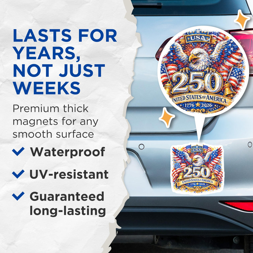 (2 Pack) America 250th Anniversary Magnets - Patriotic Bald Eagle Commemoration - 1776 2026 Celebration Decor - 5 Inches On Longest Side - Thick Durable Magnet - Made in USA - MAG24735