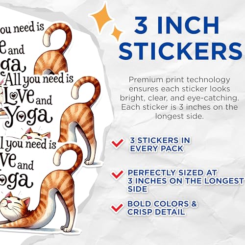 (3 Pack) Yoga Cat Decals - Love and Yoga Decal - Laptop Decal - 3 Inches On Longest Side - Easy Peel & Apply - Made in USA - 3MCS1293