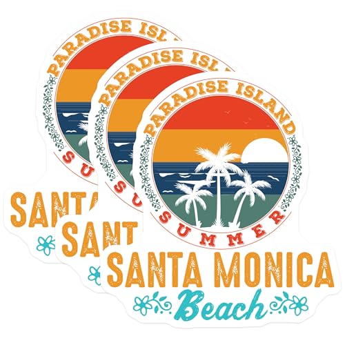 (3 Pack) Santa Monica Decals - Paradise Island Summer - Beach Decals - 3 Inches On Longest Side - Easy Peel & Apply - Made in USA - 3MCS4014