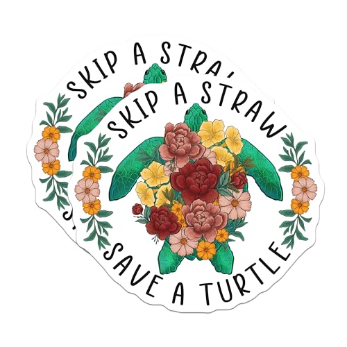 (2 Pack) Skip A Straw Save A Turtle Magnets - Eco-Friendly Motivational Magnets - Floral Turtle Magnets - 5" On Longest Side - for Cars, Fridges, Toolboxes - Made in USA - MAG4174