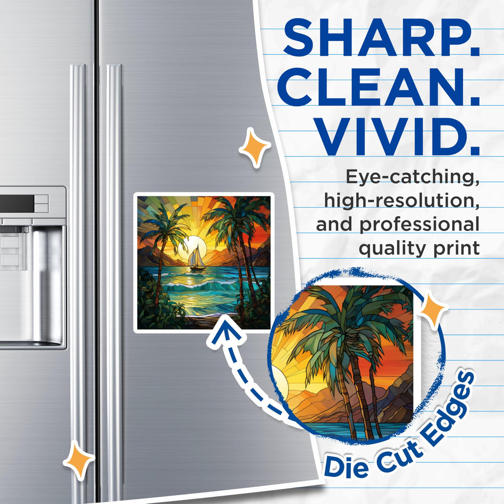 (2 Pack) Stained Glass Tropical Sunset Magnets - Palm Tree Beach Scene - Sailboat Ocean Art Decor - 5 Inches On Longest Side - Thick Durable Magnet - Made in USA - MAG25614