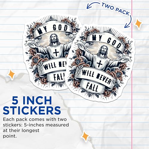 (2 Pack) My God Will Never Fall Stickers - Inspirational Christian Stickers - Religious Faith-Based Stickers - 5" On Longest Side - Sticks to Smooth Flat Surfaces - Made in USA - BMCS4147
