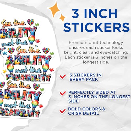 (3 Pack) Autism Awareness Decals - Puzzle Piece Decals - See The Ability Not Disability - 3 Inches On Longest Side - Easy Peel & Apply - Made in USA - 3MCS6885