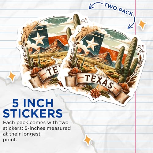 (2 Pack) Texas Adventure Stickers - Cactus and Desert Scenery - Western Themed Art Decals - 5" On Longest Side - Sticks to Smooth Flat Surfaces - Made in USA - BMCS7218