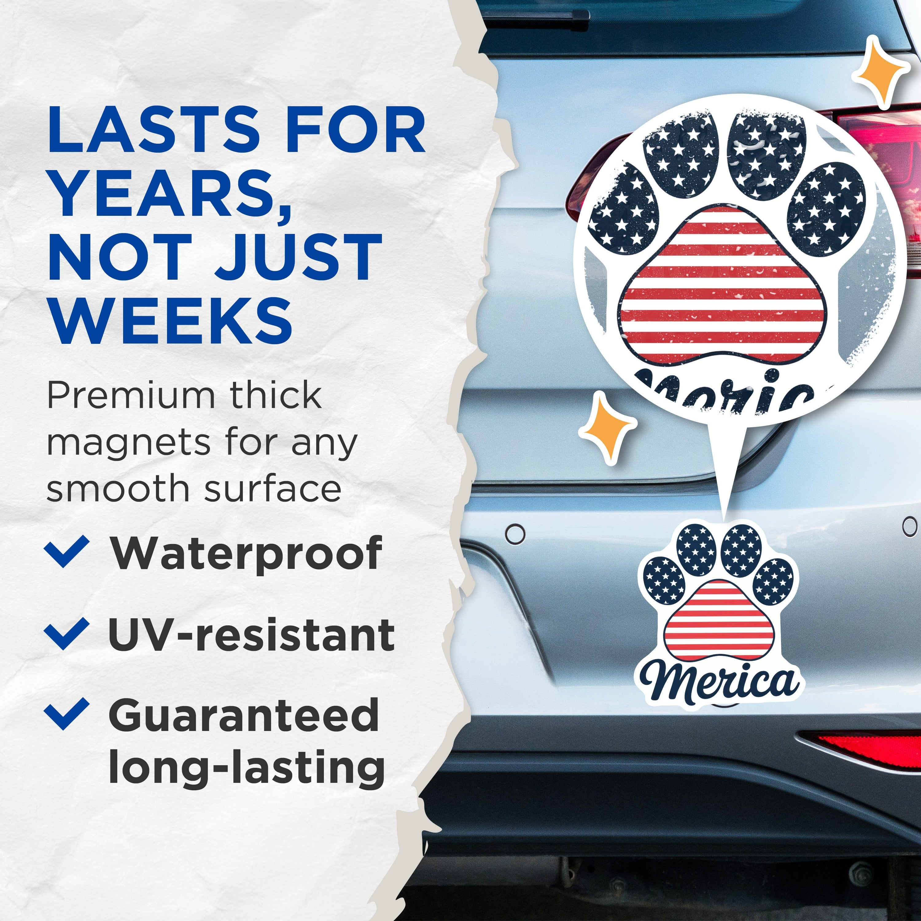(2 Pack) Patriotic Paw Print Magnets - Merica USA Flag Dog Lover - Fourth of July Auto Fridge Decor - American Pet Accent - 5 Inches On Longest Side - Thick Durable Magnet - Made in USA - MAG38108