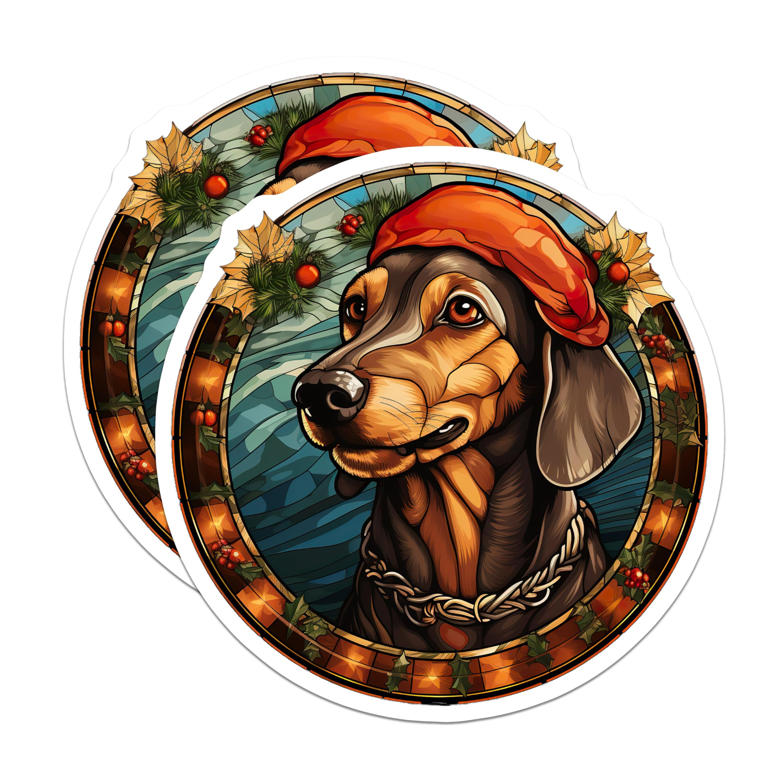 (2 Pack) Christmas Dachshund Magnets - Holiday Dog Decor - Stained Glass Art - 5 Inches On Longest Side - Thick Durable Magnet - Made in USA - MAG30131