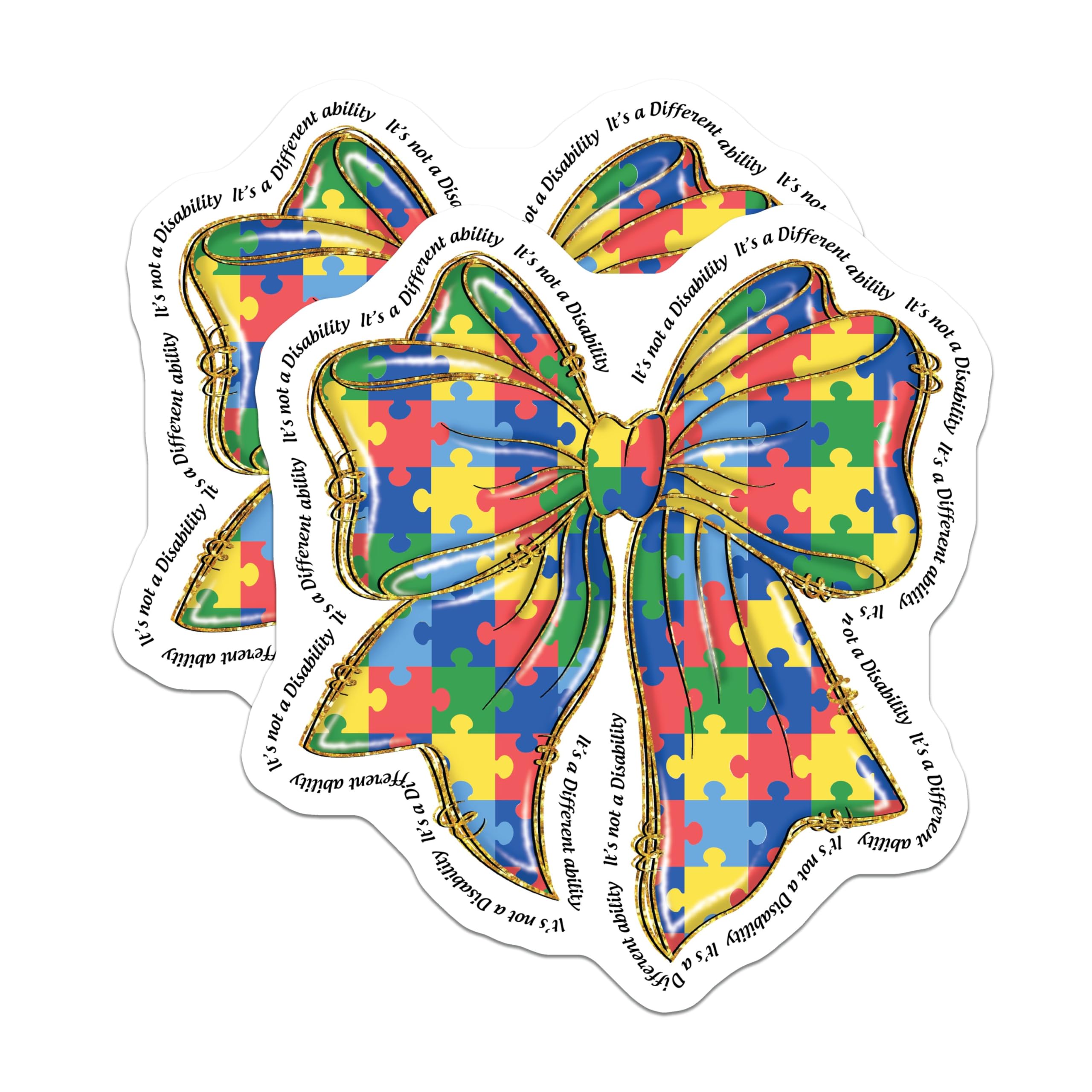 (2 Pack) Autism Awareness Puzzle Bow Stickers - Inspirational Quotes - Colorful Decorative Decals - 5" On Longest Side - Sticks to Smooth Flat Surfaces - Made in USA - BMCS8640