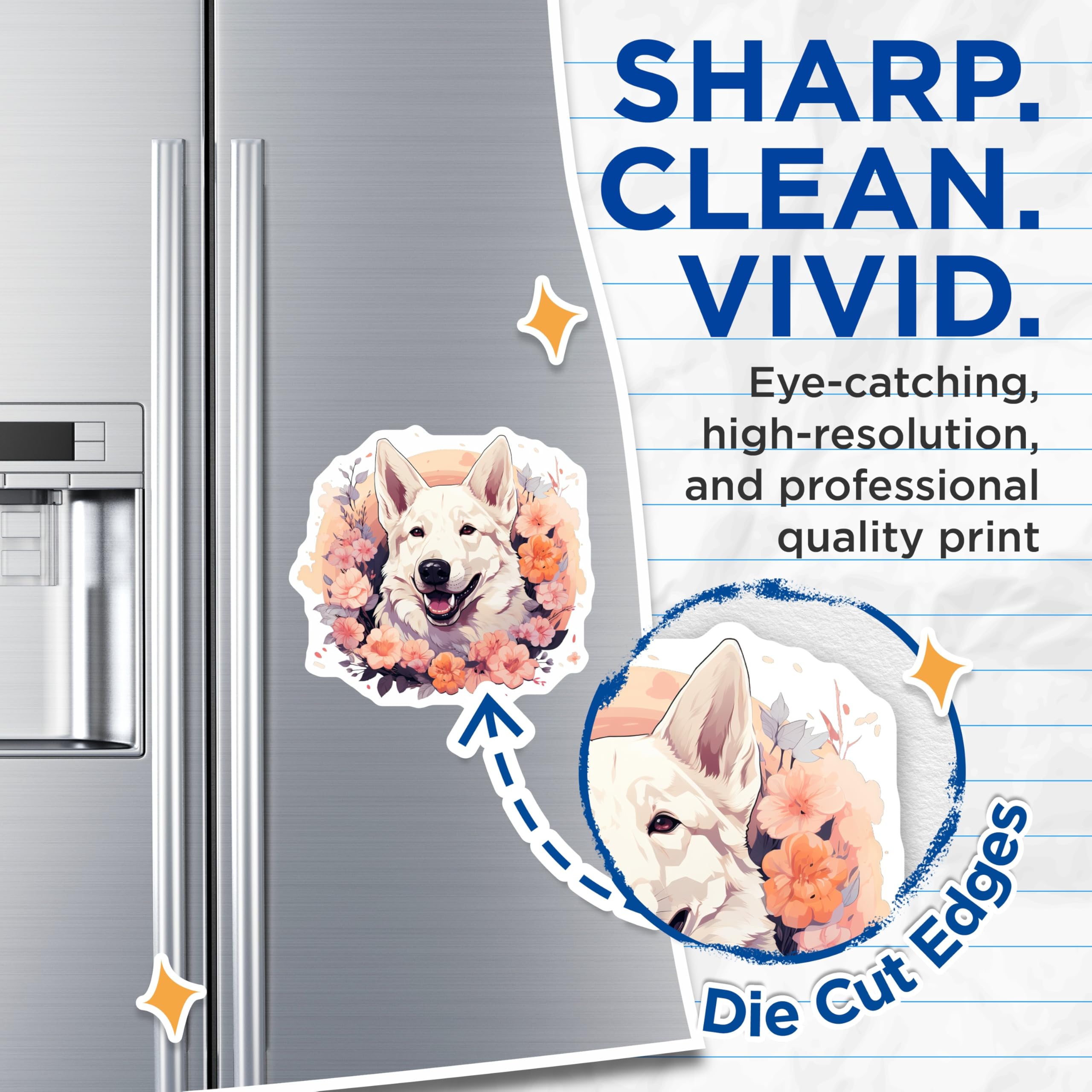 (2 Pack) White Swiss Shepherd Magnets - Floral Dog Art Decor - Pet Lover Aesthetic - Refrigerator Locker Accent - 5 Inches On Longest Side - Thick Durable Magnet - Made in USA - MAG24832
