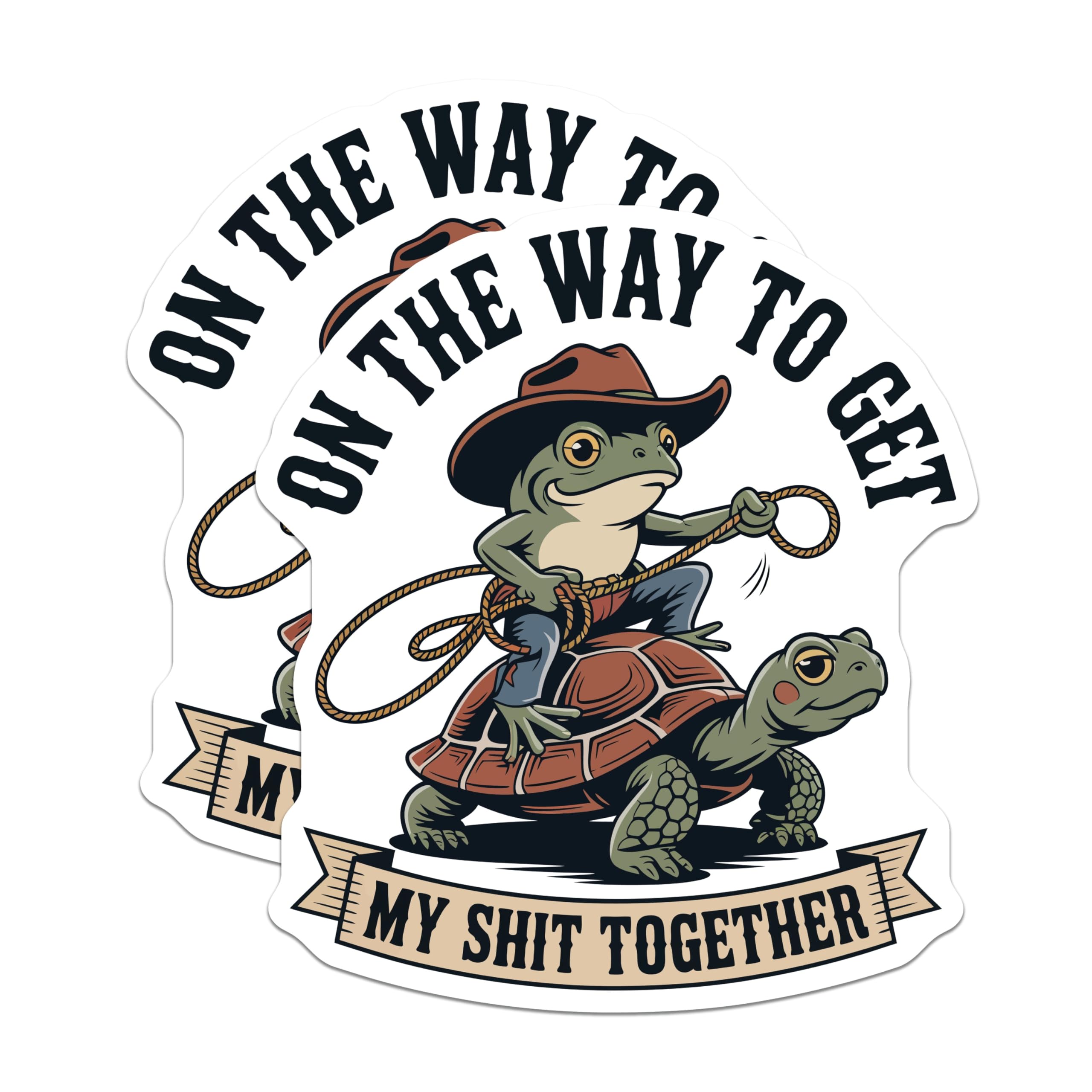 (2 Pack) Funny Cowboy Frog Turtle Magnets - On The Way to Get My Shit Together - Relatable Life Humor Magnet - 5 Inches On Longest Side - Thick Durable Magnet - Made in USA - MAG20507