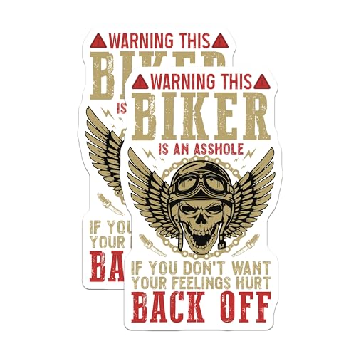 (2 Pack) Biker Warning Stickers - Funny Motorcycle Sticker - Warning Biker Decal - Back Off Sticker - 5" On Longest Side - Sticks to Smooth Flat Surfaces - Made in USA - BMCS5637