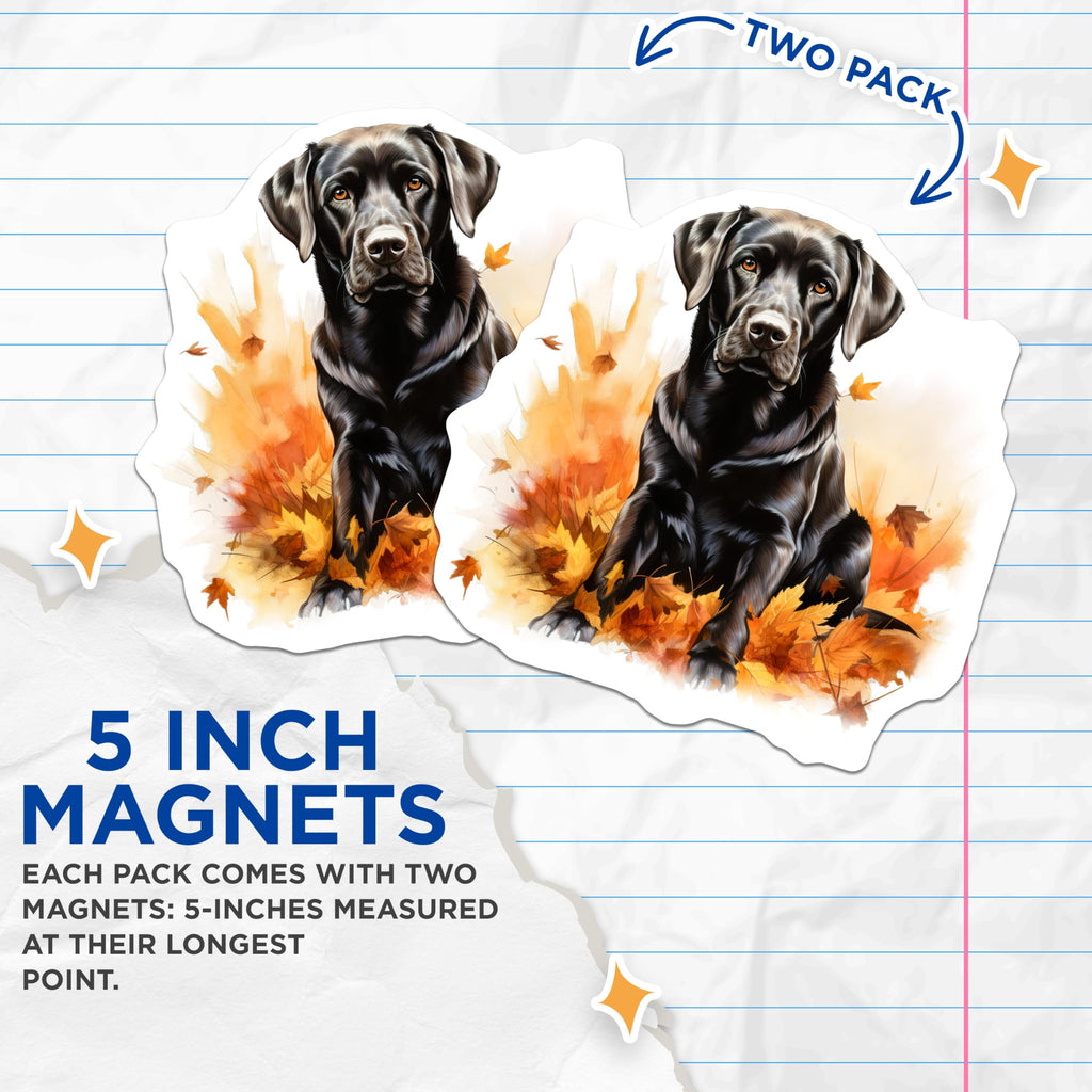 (2 Pack) Black Lab Magnets - Autumn Dog Decor - Fall Leaf Pet Lover Refrigerator Accessory - 5 Inches On Longest Side - Thick Durable Magnet - Made in USA - MAG28416
