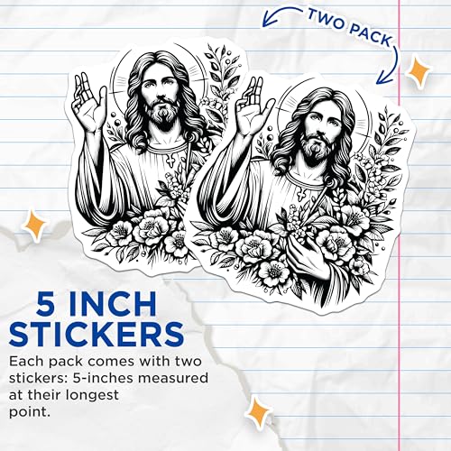 (2 Pack) Jesus Stickers - Religious Art - Christian Icon - Bible Verse Decal - Inspirational Sticker - 5" On Longest Side - Sticks to Smooth Flat Surfaces - Made in USA - BMCS7326