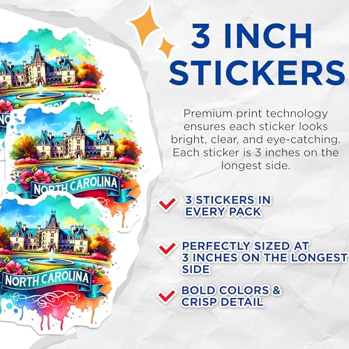 (3 Pack) North Carolina Decals - Watercolor Biltmore - Travel Stickers- 3 Inches On Longest Side - Easy Peel & Apply - Made in USA - 3MCS5833