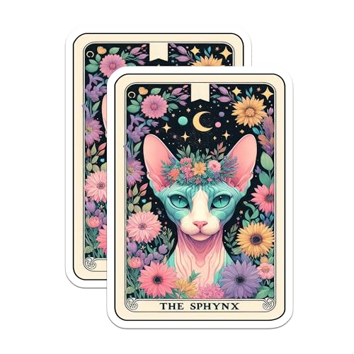 (2 Pack) The Sphynx Tarot Stickers - Unique Cat Floral Stickers - Mystic Moon Star Stickers - 5" On Longest Side - Sticks to Smooth Flat Surfaces - Made in USA - BMCS5319