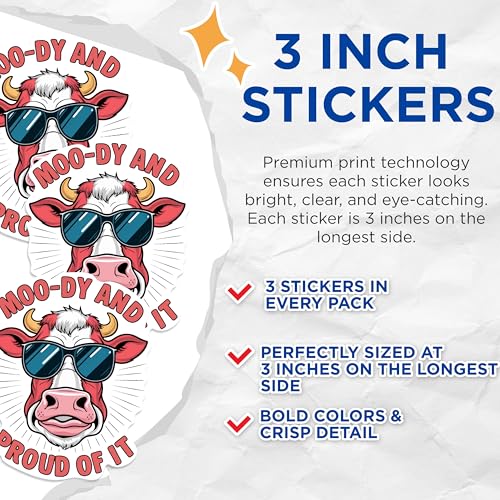 (3 Pack) Moody Cow Decals - Funny Cow Stickers - Cool Animal Decal - 3 Inches On Longest Side - Easy Peel & Apply - Made in USA - 3MCS0914