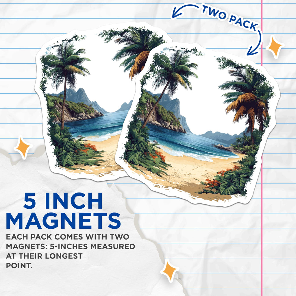 (2 Pack) Tropical Beach Scene Magnets - Ocean View Decor - Palm Tree Island Fridge Art - 5 Inches On Longest Side - Thick Durable Magnet - Made in USA - MAG28499
