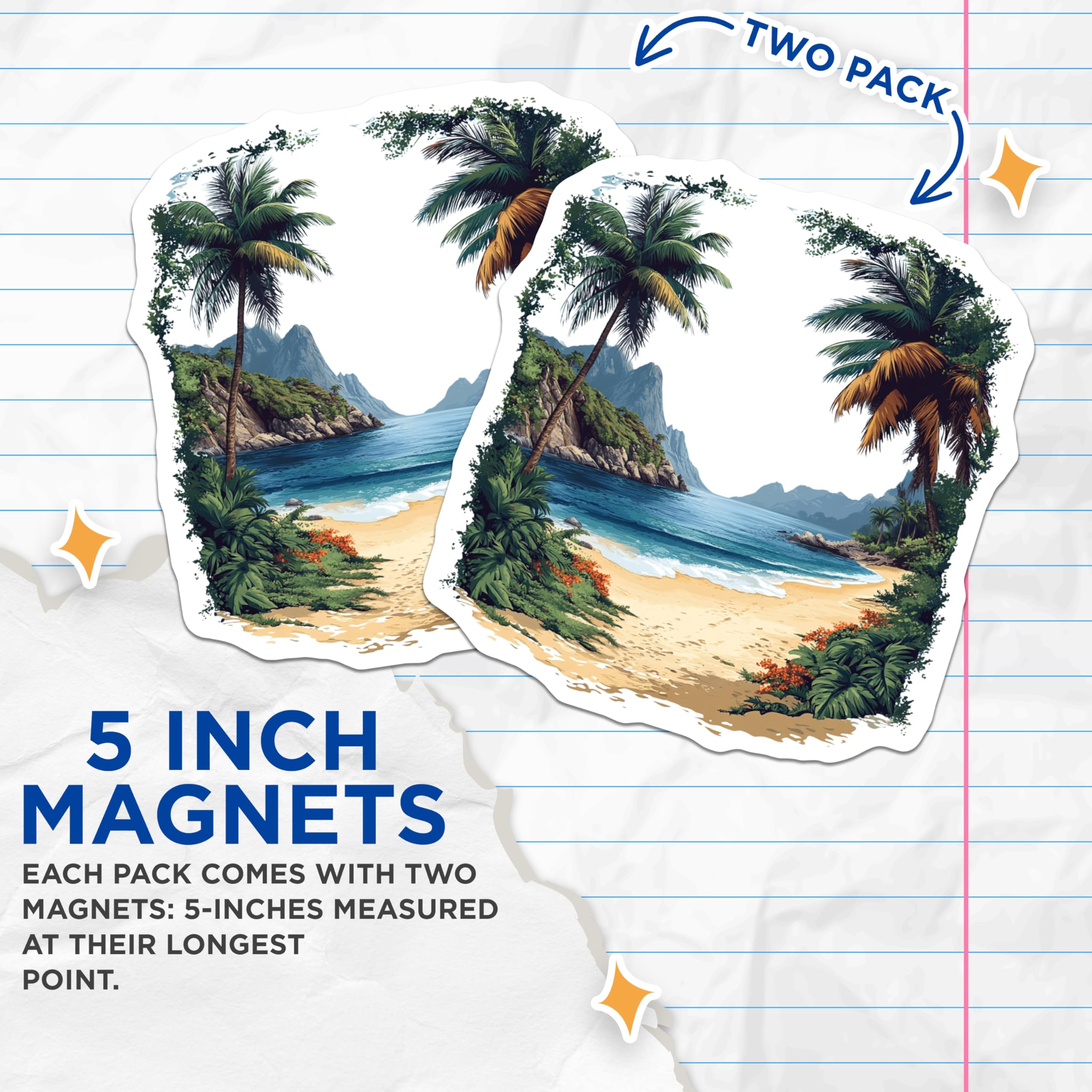 (2 Pack) Tropical Beach Scene Magnets - Ocean View Decor - Palm Tree Island Fridge Art - 5 Inches On Longest Side - Thick Durable Magnet - Made in USA - MAG28499