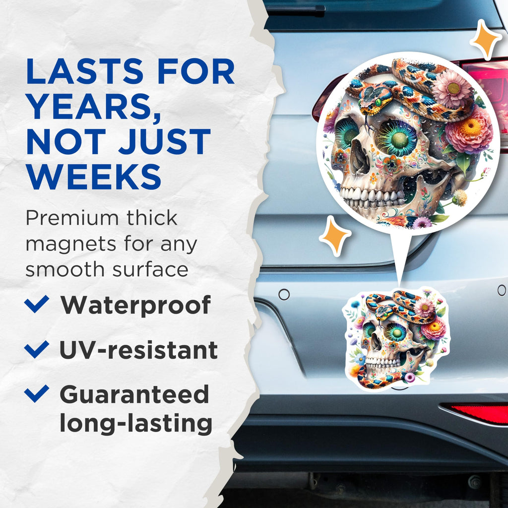 (2 Pack) Sugar Skull Snake Magnets - Día de Los Muertos Art - Vibrant Floral Decor - 5 Inches On Longest Side - Thick Durable Magnet - Made in USA - MAG23010