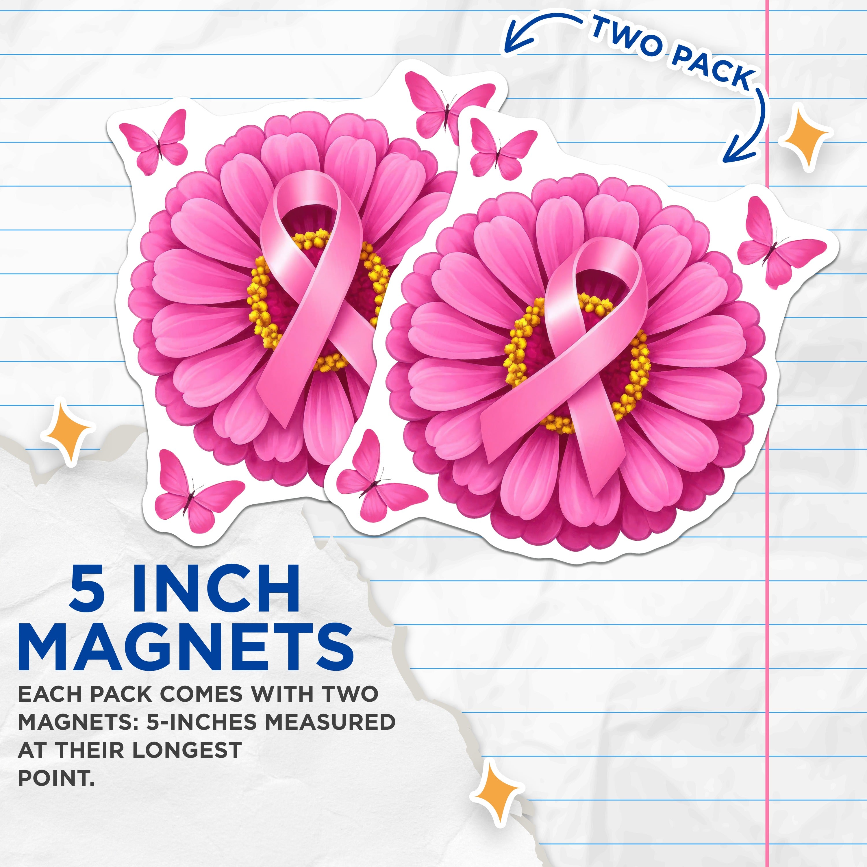 (2 Pack) Breast Cancer Awareness Magnets - Pink Ribbon Flower - Survivor Support Decor - 5 Inches On Longest Side - Thick Durable Magnet - Made in USA - MAG37990