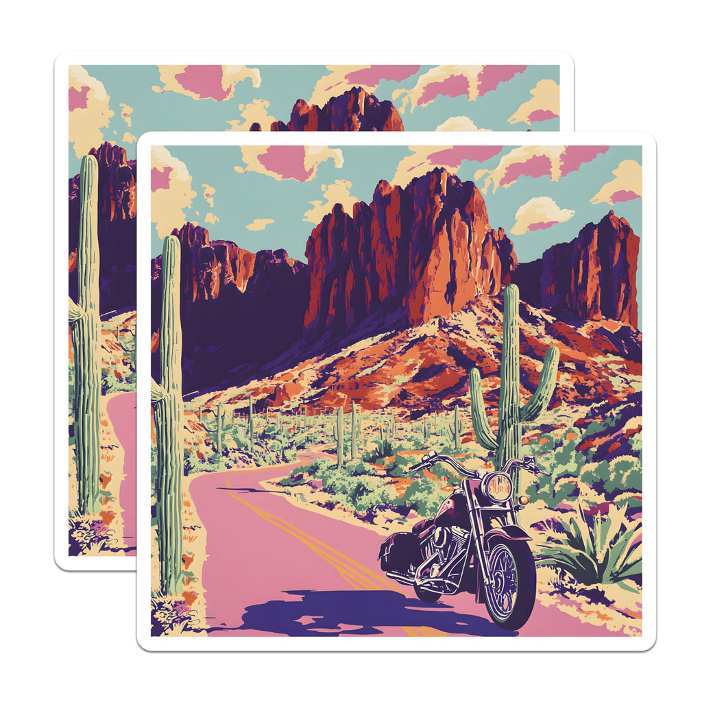 (2 Pack) Motorcycle Desert Magnets - Arizona Road Trip - Superstition Mountains Decor - 5" On Longest Side - Premium Magnet - for Cars, Refrigerators, Toolboxes, Lockers - Made in USA - MAG18299