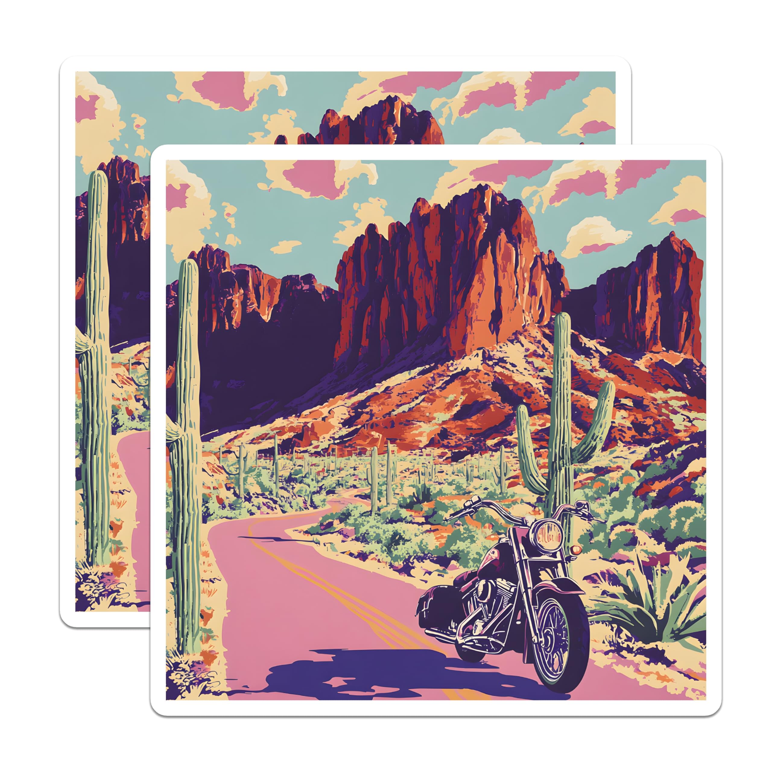 (2 Pack) Motorcycle Desert Magnets - Arizona Road Trip - Superstition Mountains Decor - 5" On Longest Side - Premium Magnet - for Cars, Refrigerators, Toolboxes, Lockers - Made in USA - MAG18299