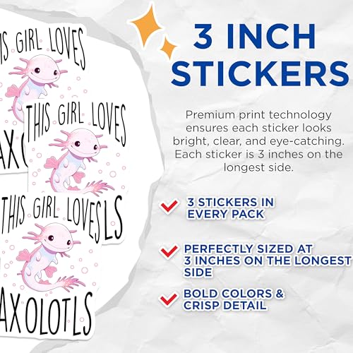(3 Pack) Axolotl Decals - Cute Axolotl Sticker - This Girl Loves Decal - 3 Inches On Longest Side - Easy Peel & Apply - Made in USA - 3MCS6549
